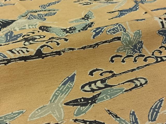 平和屋着物▽上質な紬 単衣 型染め 流水花蝶文 正絹 逸品 AABG7066jh