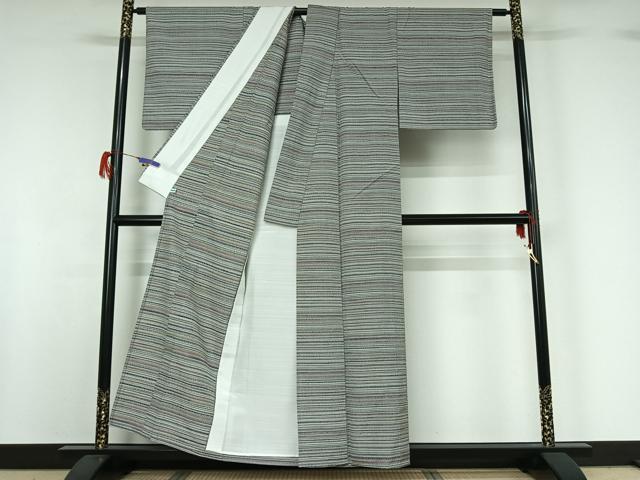 平和屋着物▽上質な紬 単衣 横段文 正絹 逸品 AABG7067jh