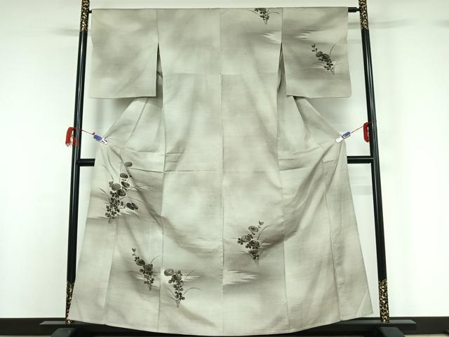 平和屋着物▽訪問着 単衣 紬地 草花文 暈し染め 金彩 正絹 逸品 AABG7069jh