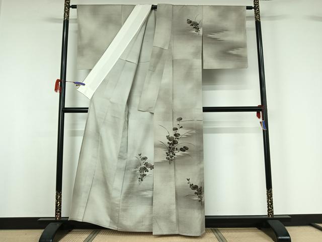 平和屋着物▽訪問着 単衣 紬地 草花文 暈し染め 金彩 正絹 逸品 AABG7069jh