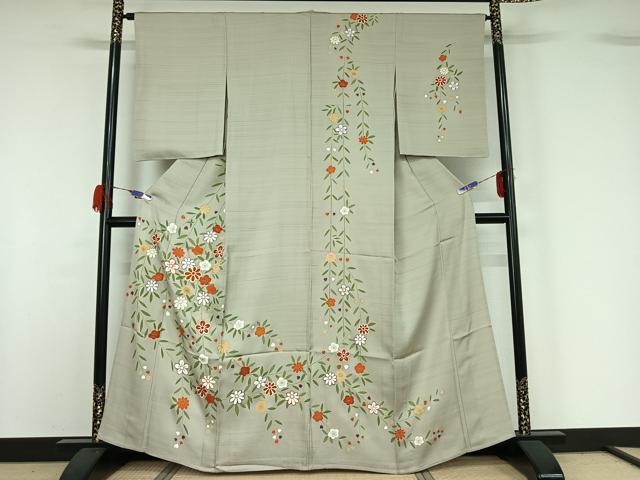 平和屋着物▽訪問着 単衣 駒刺繍 草花文 金彩 正絹 逸品 AABG7071jh