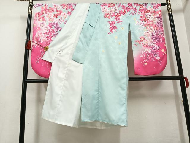 平和屋着物●小振袖 二尺袖 刺繍 草花文 洗える着物 AABG7086ph