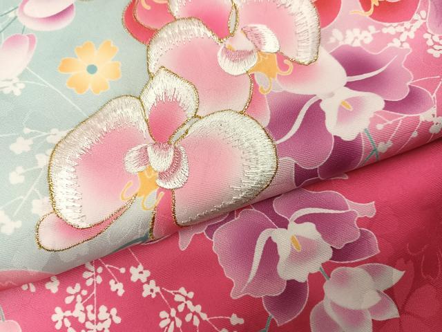 平和屋着物●小振袖 二尺袖 刺繍 草花文 洗える着物 AABG7086ph
