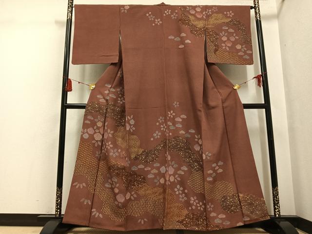 平和屋着物●訪問着 草花文 栗皮茶色 金彩 正絹 逸品 AABG7125ph