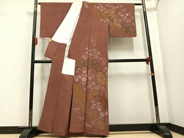 平和屋着物●訪問着 草花文 栗皮茶色 金彩 正絹 逸品 AABG7125ph