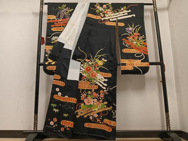 平和屋着物●豪華振袖 駒刺繍 草花文 黒地 金彩 正絹 逸品 未使用 AABG7128ph