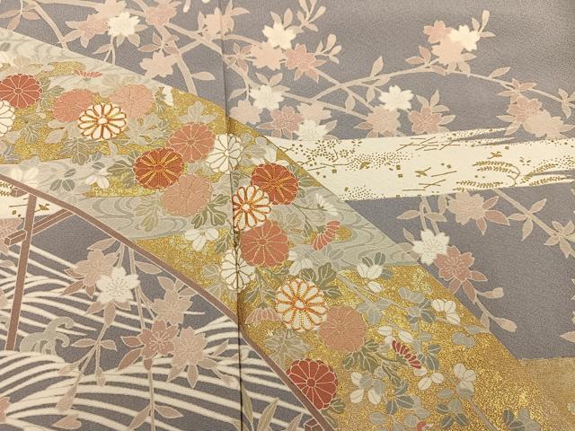 平和屋着物●豪華色留袖 友禅 駒刺繍 風景草花文 金彩 正絹 逸品 AABG7139ph