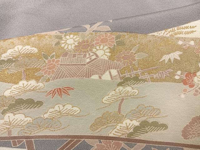 平和屋着物●豪華色留袖 友禅 駒刺繍 風景草花文 金彩 正絹 逸品 AABG7139ph