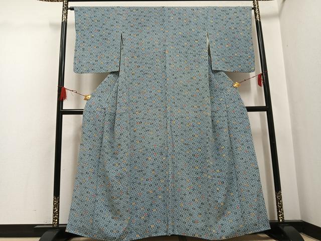 平和屋着物●上質な小紋 型染め 藍 市松文 鬼しぼ縮緬 正絹 逸品 AABG7160ph