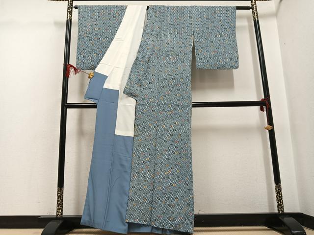 平和屋着物●上質な小紋 型染め 藍 市松文 鬼しぼ縮緬 正絹 逸品 AABG7160ph
