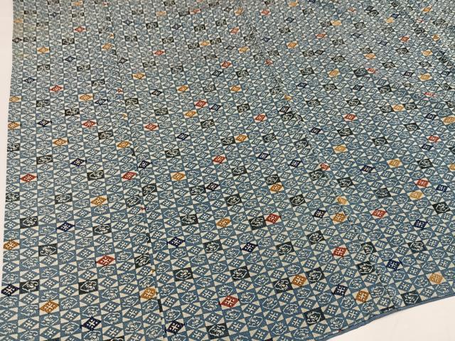 平和屋着物●上質な小紋 型染め 藍 市松文 鬼しぼ縮緬 正絹 逸品 AABG7160ph