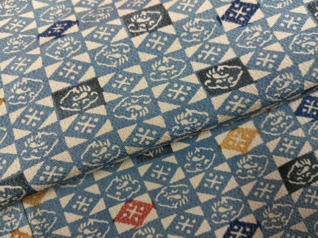 平和屋着物●上質な小紋 型染め 藍 市松文 鬼しぼ縮緬 正絹 逸品 AABG7160ph