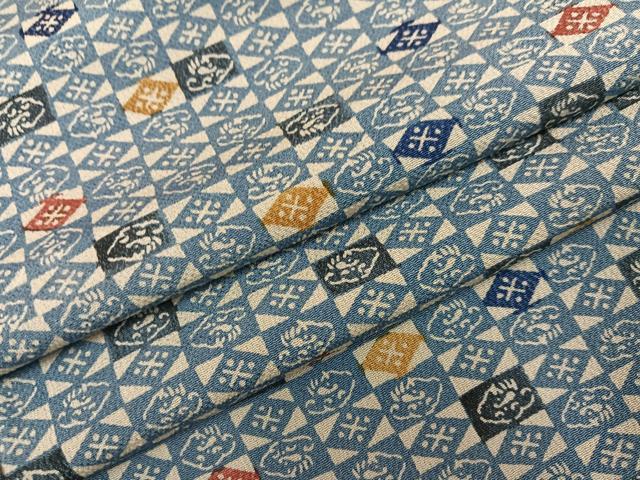 平和屋着物●上質な小紋 型染め 藍 市松文 鬼しぼ縮緬 正絹 逸品 AABG7160ph