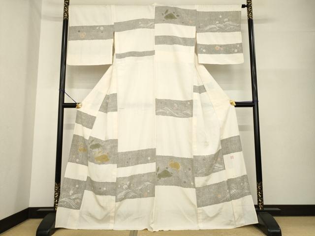 平和屋着物▽十日町 名門青柳謹製 奇翠工房 訪問着 単衣 紬地 絞り 横段兎文 正絹 逸品 AABG7207ck