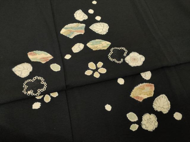 平和屋着物▽訪問着 単衣 辻が花 地紙花文 黒地 正絹 逸品 AABG7208ck