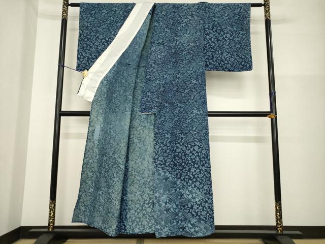 平和屋着物▽阿波藍染 阿波友禅 徳島県無形文化財保持者 香川卓美 小紋 単衣 藍 吉祥飛鶴花文 正絹 逸品 AABG7210ck