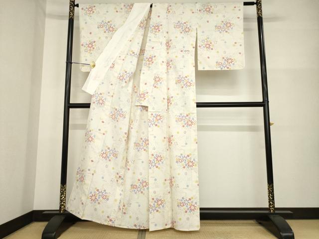 平和屋着物▽上質な紬 単衣 草花文 正絹 逸品 AABG7242ck