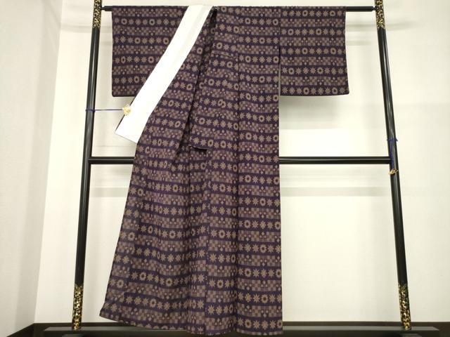 平和屋着物▽本塩沢 単衣 横段花文 正絹 逸品 AABG7250ck