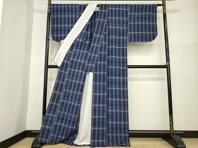 平和屋着物▽上質な紬 単衣 格子 正絹 逸品 AABG7261ck
