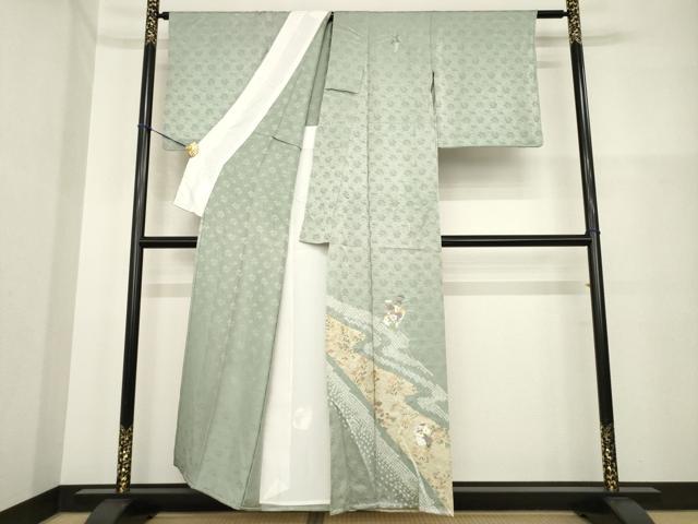 平和屋着物▽訪問着 単衣 絞り 刺繍 流水花文 正絹 逸品 AABG7264ck