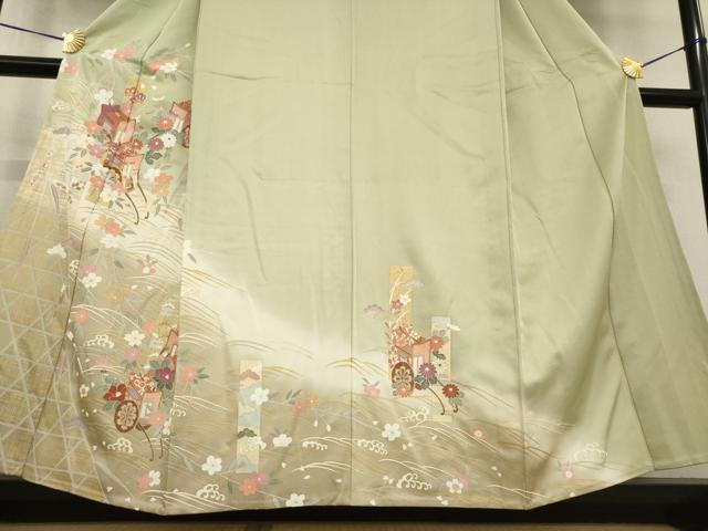 平和屋着物▽訪問着 単衣 駒刺繍 立波御所車花文 暈し染め 金彩 正絹 逸品 AABG7275ck