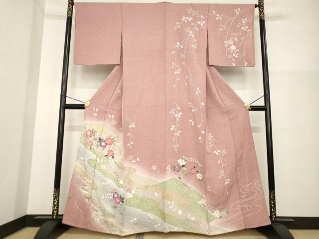 平和屋着物▽訪問着 単衣 辻が花 松皮菱流水花文 暈し染め 正絹 逸品 AABG7276ck