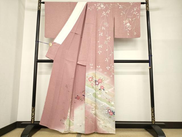 平和屋着物▽訪問着 単衣 辻が花 松皮菱流水花文 暈し染め 正絹 逸品 AABG7276ck
