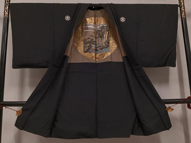 平和屋着物●男性 黒紋付・羽織セット 正絹 逸品 AABG7317ph
