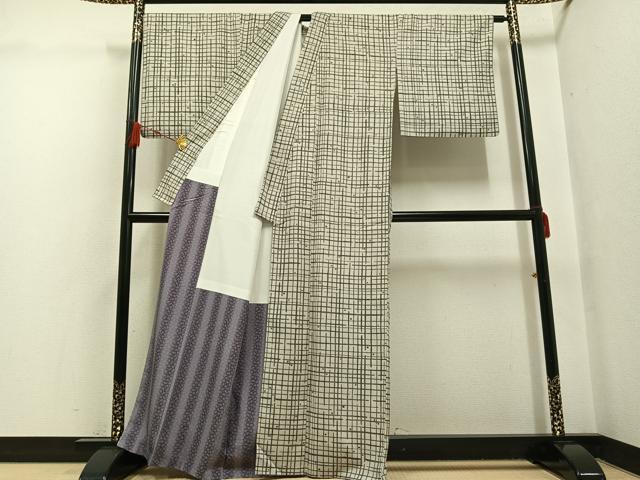 平和屋着物●上質な小紋 紬地 格子 正絹 逸品 AABG7319ph