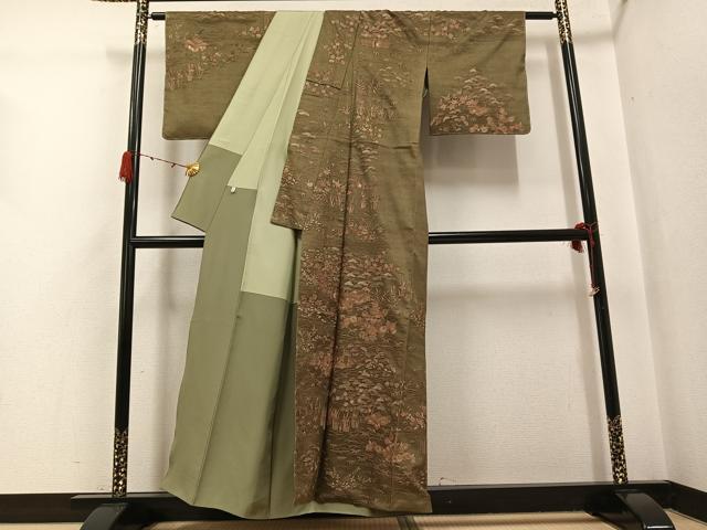 平和屋着物●訪問着 紬地 中国三大刺繍 汕頭刺繍 スワトウ刺繍 松竹梅風景文 正絹 逸品 AABG7344ph