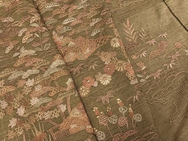 平和屋着物●訪問着 紬地 中国三大刺繍 汕頭刺繍 スワトウ刺繍 松竹梅風景文 正絹 逸品 AABG7344ph