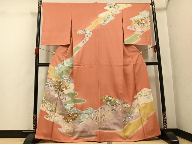 平和屋着物●訪問着 友禅 駒刺繍 地紙花文 金彩 正絹 逸品 AABG7352ph