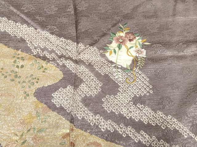 平和屋着物●訪問着 絞り 刺繍 草花文 金彩 鈴乃屋扱い 正絹 逸品 未使用 AABG7357ph