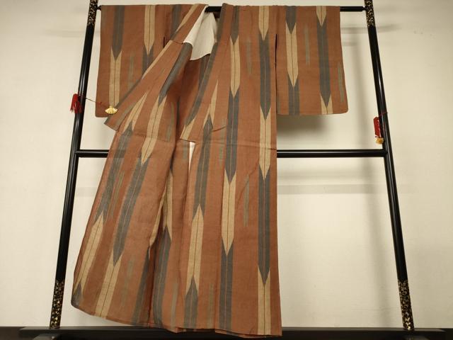 平和屋着物▽上質な紬 単衣 矢羽文 正絹 逸品 AABG7406jd