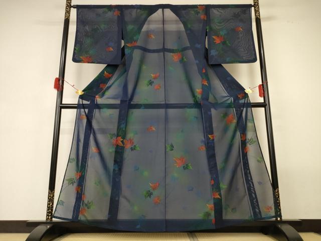 平和屋着物*夏物 小紋 紗 蔦の葉文 暈し染め 正絹 逸品 AABG7431jd
