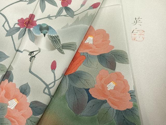 平和屋着物●訪問着 作家物 英正 手描き 花鳥文 暈し染め 正絹 逸品 AABG7524ph