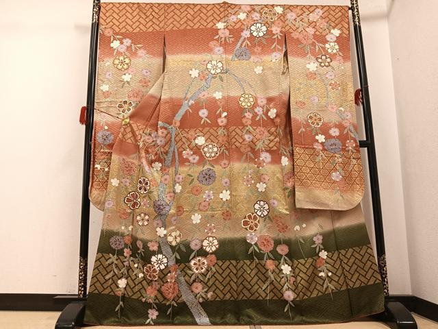 平和屋着物●豪華振袖 枝垂れ花文 暈し染め 金彩 正絹 逸品 AABG7529ph