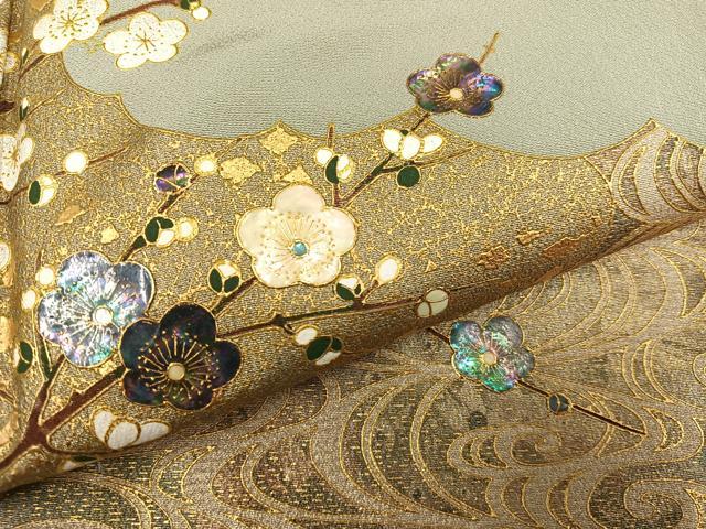 平和屋着物●螺鈿作家 甲斐泰造 色留袖 紅白梅 金彩 正絹 逸品 AABG7532ph
