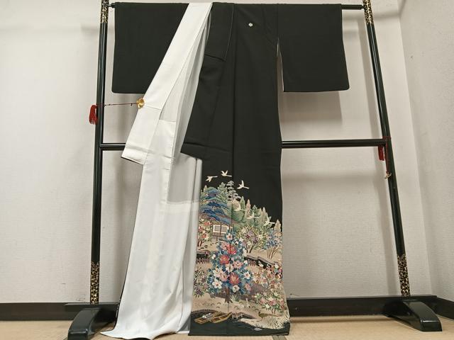 平和屋着物●豪華黒留袖 友禅 作家物 松竹梅風景飛鳥文 ロング丈 正絹 逸品 AABG7533ph