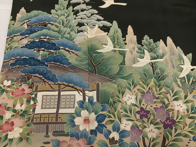 平和屋着物●豪華黒留袖 友禅 作家物 松竹梅風景飛鳥文 ロング丈 正絹 逸品 AABG7533ph