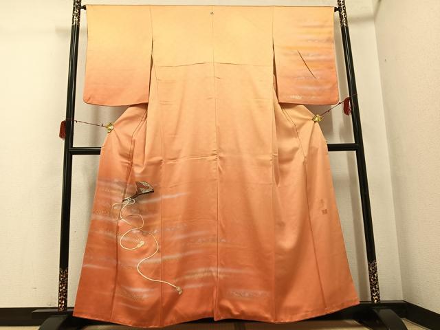 平和屋着物●人間国宝 福田喜三郎 訪問着 刺繍 扇文 暈し染め 金彩 正絹 逸品 AABG7539ph
