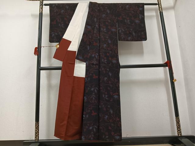 平和屋着物●結城ちぢみ 花唐草文 正絹 逸品 AABG7543ph