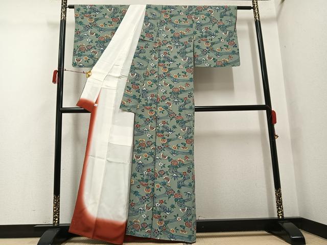 平和屋着物●上質な小紋 型染め 流水花蝶文 鈴乃屋扱い 正絹 逸品 未使用 AABG7551ph