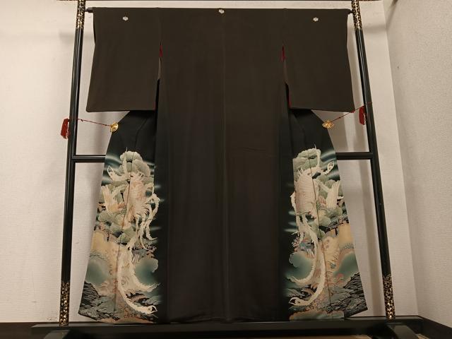 平和屋着物●アンティーク 大正ロマン 黒留袖 鳳凰御所車草花文 正絹 逸品 AABG7555ph