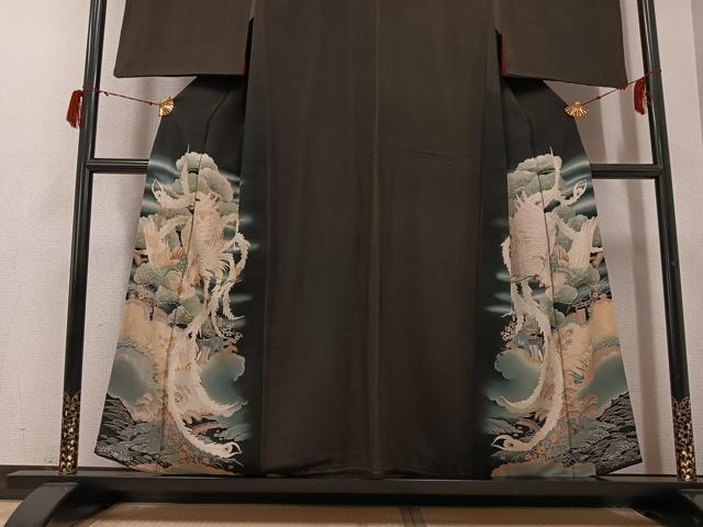 平和屋着物●アンティーク 大正ロマン 黒留袖 鳳凰御所車草花文 正絹 逸品 AABG7555ph