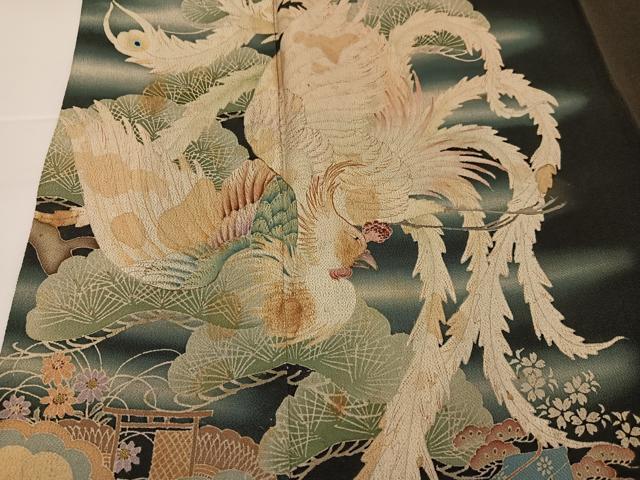 平和屋着物●アンティーク 大正ロマン 黒留袖 鳳凰御所車草花文 正絹 逸品 AABG7555ph