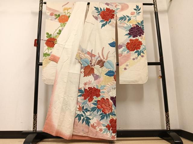 平和屋着物●セミアンティーク 振袖 駒刺繍 草花文 金彩 正絹 逸品 AABG7556ph