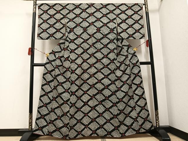 平和屋着物●上質な小紋 絞り 菱文 黒地 正絹 逸品 AABG7558ph
