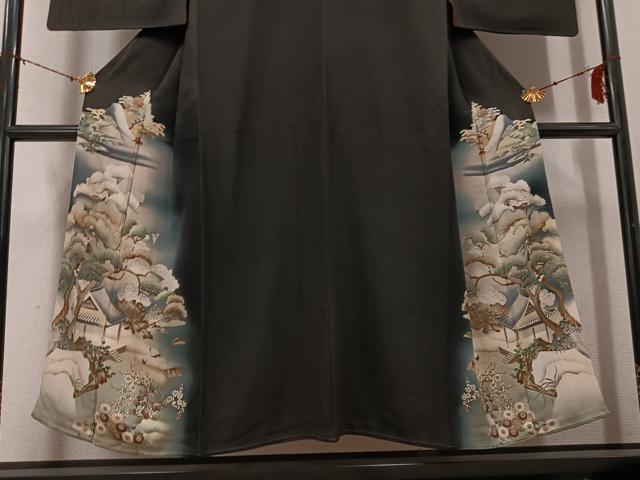 平和屋着物●アンティーク 大正ロマン 黒留袖 松竹梅風景文 鶴 暈し染め 正絹 逸品 AABG7565ph