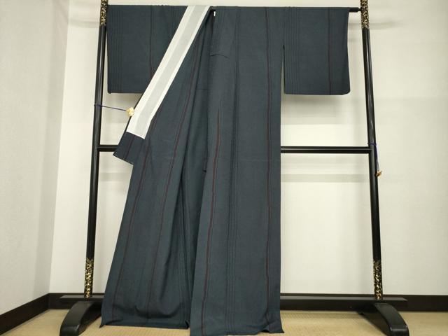 平和屋着物▽本塩沢 単衣 110亀甲 よろけ間道 ロング丈 正絹 逸品 AABG7649ck